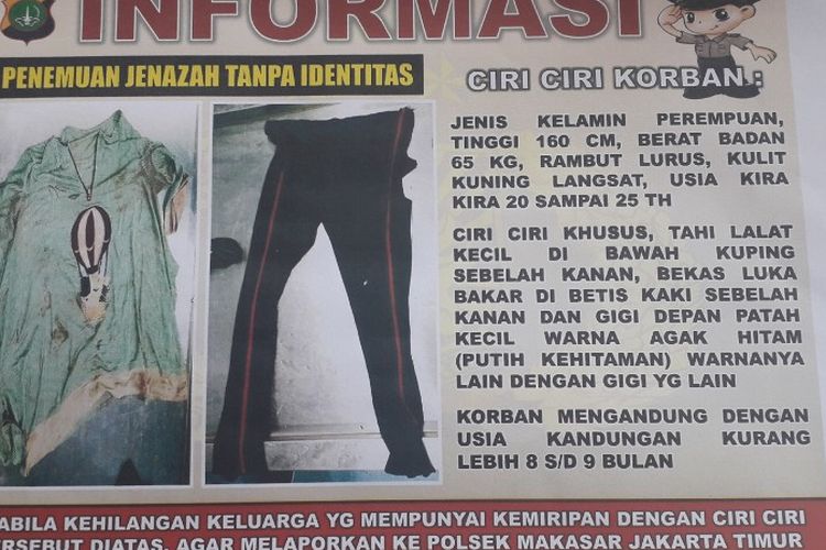 Polisi membuat poster pengumuman guna mencari identitas mayat perempuan misterius yang ditemukan di jalur masuk Tol Jagorawi, Minggu (7/4/2019) lalu.