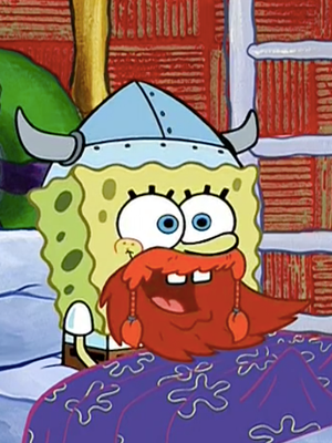 Potongan serial kartun Spongebob Squarepants berjudul Bubble Buddy. Spongebob memakai topi Viking dan janggut merah palsu untuk merayakan Hari Leif Eriksson. (Encyclopedia Spongebobia)