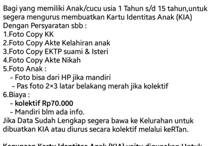 Beredar kabar di masyarakat Kota Bekasi bahwa pembuata Kartu Identitas Anak (KIA) dipungut biaya, Selasa (22/1/2019).