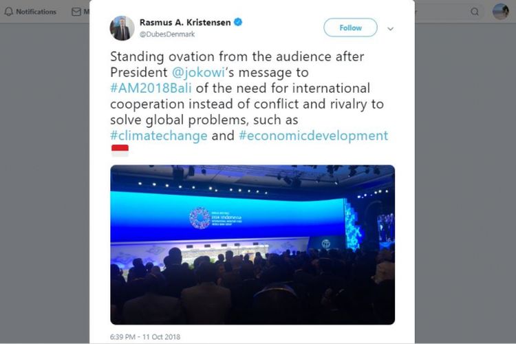 Twit Duta Besar Denmark puji pidato Joko Widodo di IMF 2018.