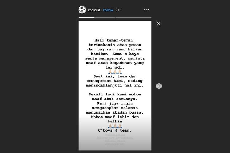 Bidik layar postingan Instagram Story milik boyband pendatang baru asal Indonesia, CBOYS.