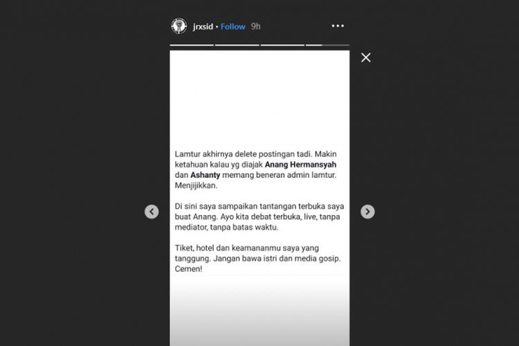 Bidik layar salah satu Instagram Story Jerinx SID di akun Instagram miliknya, @krxsid, Senin (18/2/2019).