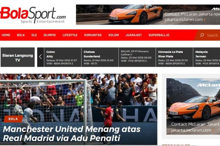 Tampilan portal baru khusus olahraga milik KG, Bolasport.com, yang lahir pada Senin (24/7/2017).