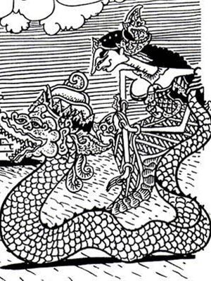 Ekspresi rupa wayang Nagagini dalam bentuk ular setengah manusia