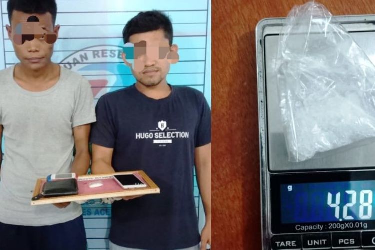 Dua tersangka kasus sabu-sabu di Mapolres Aceh Utara, Rabu (27/3/2019)