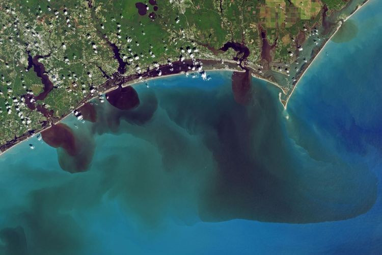 Citra satelit warna alami ini menunjukkan bagaimana banjir telah memengaruhi kualitas air di Sungai White Oak, New River, dan Adams Creek. Semuanya mengalir ke Samudra Atlantik. 