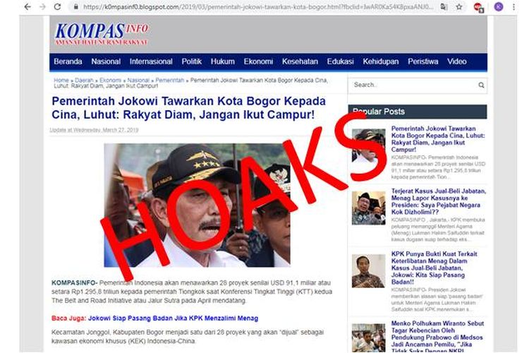 Hoaks Luhut meminta masyarakat Indonesia agar tidak ikut campur dalam penjualan Kota Bogor kepada pemerintah China yang tertulis dalam artikel di blog KompasInfo.