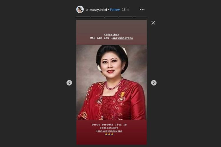 Bidik layar Instagram Story Syahrini yang didedikasikan sebagai penghormatan terakhir untuk mendiang mantan ibu negara, Ani Yudhoyono.