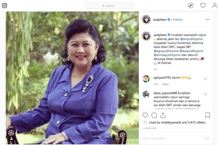 Penyanyi Audy Item turut berduka atas kepergian mantan ibu negara Ani Yudhoyono.