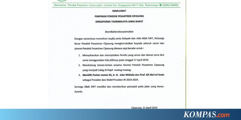 Kiai Ponpes Cipasung Instruksikan Santri dan Alumninya Pilih Jokowi-Ma'ruf