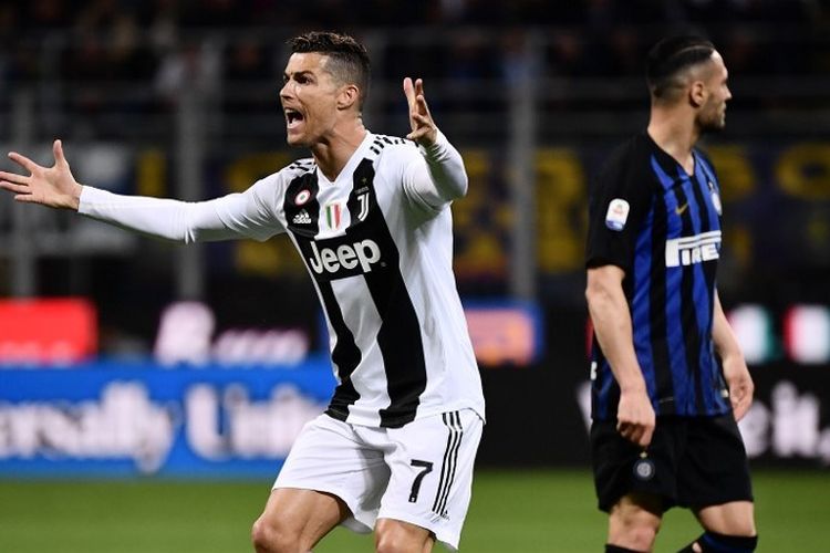 Cristiano Ronaldo mencetak gol ke-600 sepanjang kariernya di level klub pada pertandingan Inter Milan vs Juventus dalam lanjutan Liga Italia di Stadion Giuseppe Meazza, 27 April 2019. 