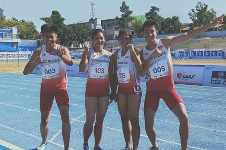 Atlet Indonesia cabang olahraga estafet 4x100m mix berhasil meraih medali emas dengan catatan waktu 44.76 detik dalam kompetisi SEA Youth Athletics Championships 2019 di Filipina, Minggu (3/3/2019).
