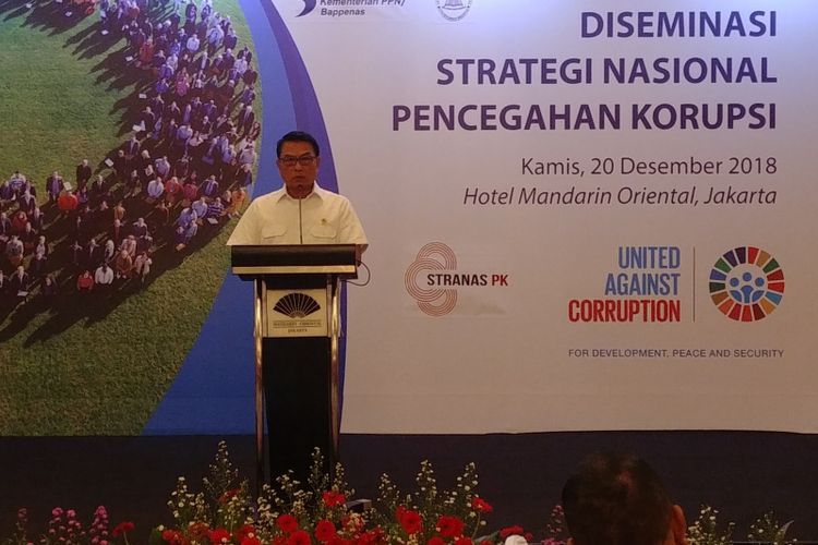 Kepala Staf Presiden Moeldoko saat memberi sambutan dalam seminar Diseminasi Strategi Nasional Pencegahan Korupsi di Jakarta, Kamis (20/12/2018). 