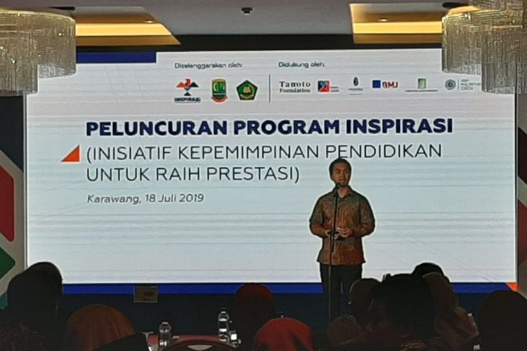 Direktur Eksekutif Inspirasi Patrya Pratama dalam peluncuran program Inisiatif Kepemimpinan Pendidikan untuk Raih Prestasi (Inspirasi) di Kabupaten Karawang, Jawa Barat, pada Kamis (18/7/2019) di Resinda Hotel Karawang.