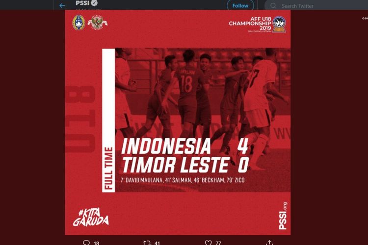 Timnas U-18 Indonesia menang 4-0 atas Timor Leste saat menjalani matchday kedua Piala AFF U-18 2019 di Stadion Binh Duong, Vitenam, Kamis (8/8/2019). 

