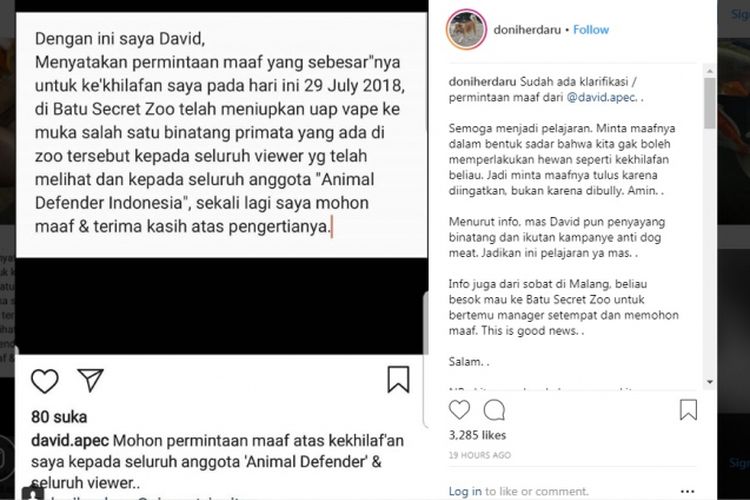 Permohonan maaf David, pelaku penyemprotan asap vape ke primata di Batu Secret Zoo, via akun Instagram @doniherdaru