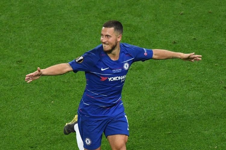 Eden Hazard merayakan golnya pada laga Chelsea vs Arsenal dalam final Liga Europa di Stadion Olimpiade Baku, Azerbaijan, 29 Mei 2019. 