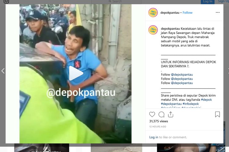 Seorang pria terjepit di antara mobil dan truk dalam kecelakaan yang terjadi di Depok. Videonya viral di media sosial.