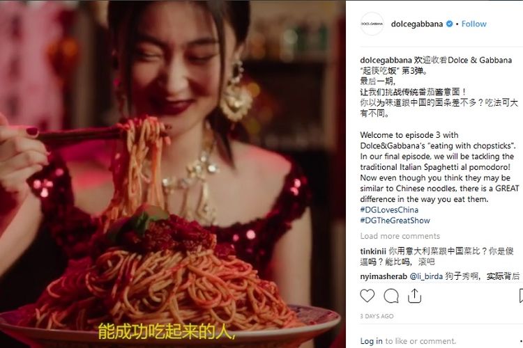 Potongan gambar dari iklan promosi rumah mode Dolce & Gabbana untuk acara peragaan busana di China. (Instagram/dolcegabbana)