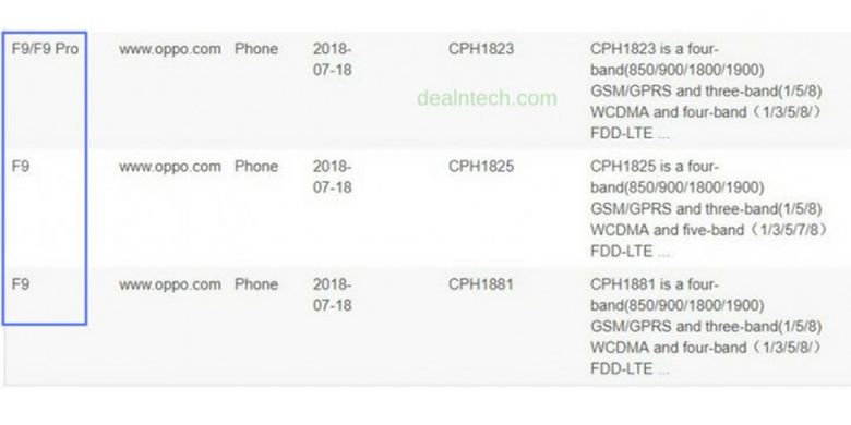 Screenshot laman sertifikasi Bluetooth untuk Oppo F9 dan F9 Plus.