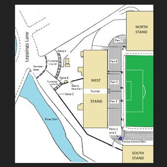 Peta Stadion Hillsborough, terutama lokasi saat tragedi terjadi pada 15 April 1989