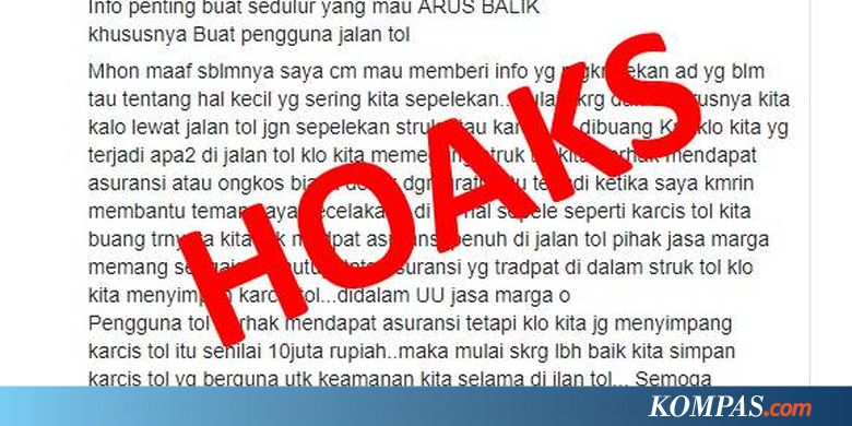 [HOAKS] Struk Tol Bisa untuk Asuransi Kecelakaan dan Derek Gratis