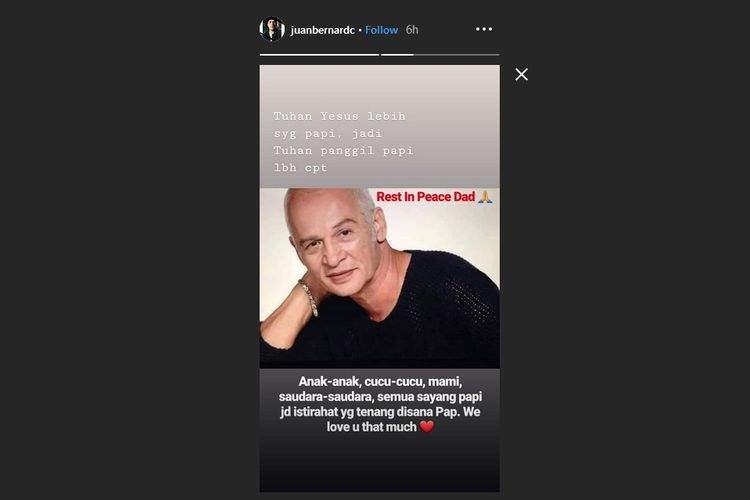 Bidik layar Instagram Story Juan Bernard, putra aktor senior Robby Sugara, yang mengabarkan bahwa ayahnya meninggal dunia, Kamis (13/6/2019).