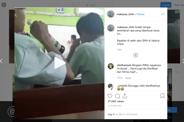 Video yang berisi seorang pelajar menenggak minuman keras di tengah jam pelajaran viral di media sosial. 