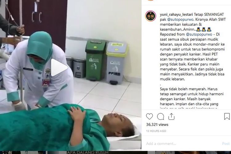 Kepala Pusat Data, Informasi, dan Hubungan Masyarakat Badan Nasional Penanggulangan Bencana (BNPB) Sutopo Purwo Nugroho kembali menjalani pengobatan dan pemeriksaan positron emission tomography (PET) scan pada Jumat (31/5/2019).