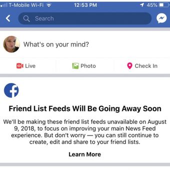 Tangkapan layar notifikasi Facebook yang mencabut fitur Friend List Feed