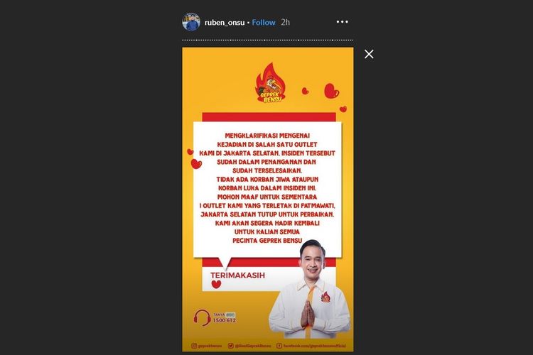 Postingan Instagram Story Ruben Onsu soal outlet Geprek Bensu di Fatmawati, Jakarta Selatan, Rabu (31/7/2019).