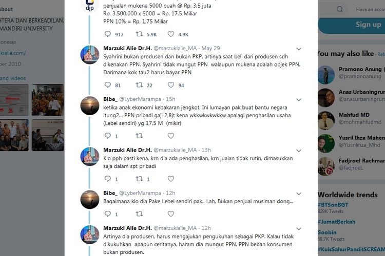 Bidik layar twit-twit mantan Ketua DPR RI Marzuki Alie yang membela Syahrini soal pajak bisnis mukena.