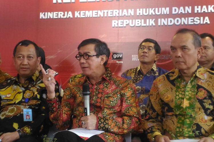 Menteri Hukum dan Hak Asasi Manusia (Menkumham) Yasonna Laolysaat menghadiri refleksi akhir tahun 2018 di Gedung Kemenkumham, Jakarta, Kamis (27/12/2018).   