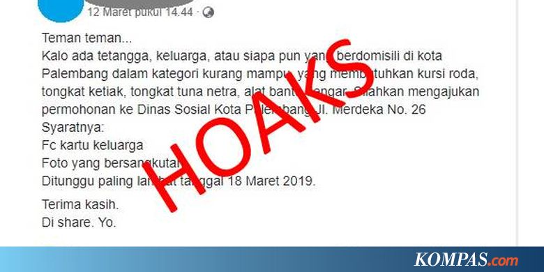 [HOAKS] Permohonan Alat Bantu Medis oleh Dinas Sosial Palembang