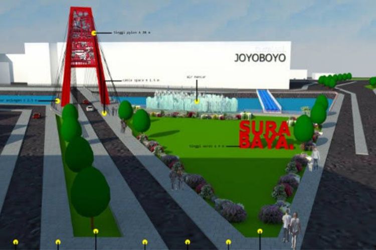 Desain Jembatan Gantung Joyoboyo yang akan menghubungkan Wonokromo-Joyoboyo dan melewati Kali Brantas Joyoboyo. 