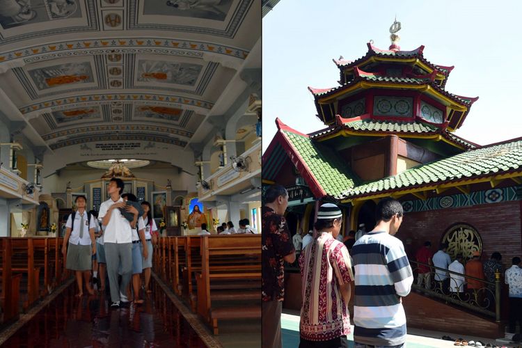 Suasana di Gereja Graha Maria Annai Velangkanni, Medan, Sumatera Utara (kiri) dan Masjid Muhammad Cheng Ho di Surabaya, Jawa Timur. Di kedua tempat ini akan diadakan upacara bendera dalam rangka HUT ke-72 Kemerdekaan RI pada 17 Agustus 2017.