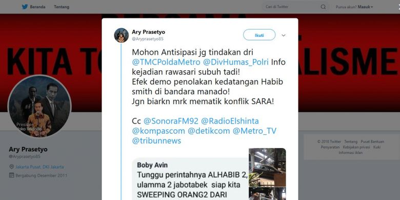 Akun Twitter @Aryprasetyo berkicau, perusakan ini imbas penolakan tokoh agama di Manado.