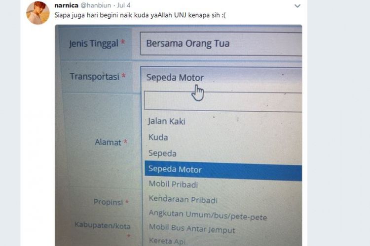 Sebuah foto yang menunjukkan laman berisi pilihan transportasi mahasiswa Universitas Negeri Jakarta (UNJ) viral di media sosial karena memuat kuda sebagai salah satu pilihan transportasi.