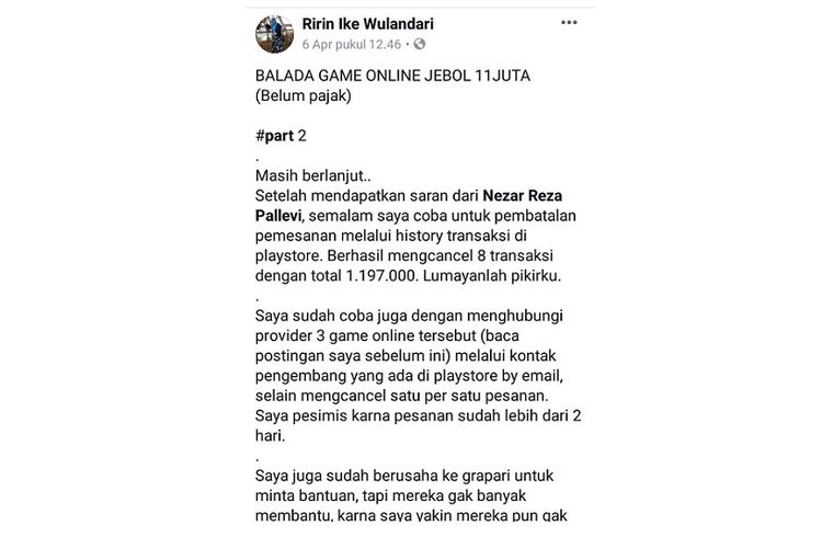 Screenshoot curhatan Ririn Ike Wulandari (37), seorang ibu di Kediri, Jawa Timur yang mendapat tagihan pembayaran game online anaknya hingga lebih dari Rp 11 juta, di akun Facebooknya. 