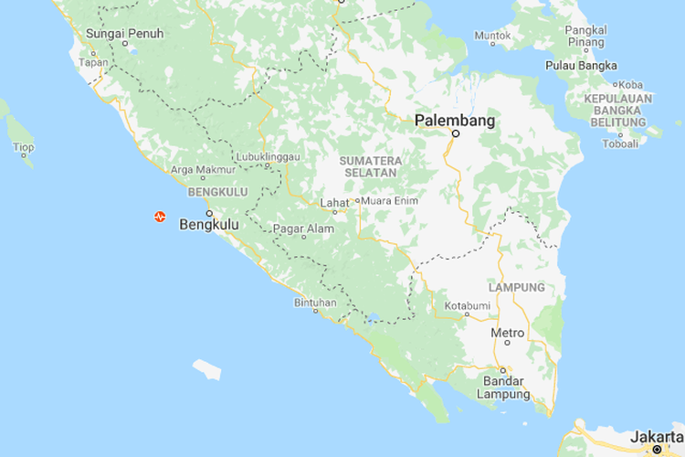 Gempa dengan magnitudo 5,4 mengguncang Kota Bengkulu pukul 22.58 WIB di lokasi :3.83 LS,101.76 BT (55 km Barat Daya Bengkulu), dengan kedalaman 59 km dan tidak berpotensi sunami, pada Sabtu (3/10/2018).