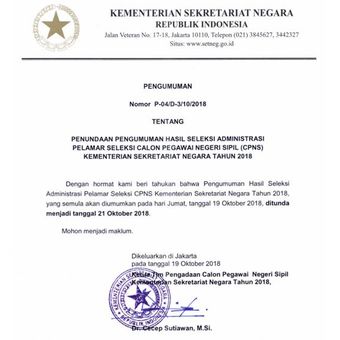 Surat pengumuman Kementerian Sekretariat Negara mengenai penundaan pengumuman seleksi administrasi