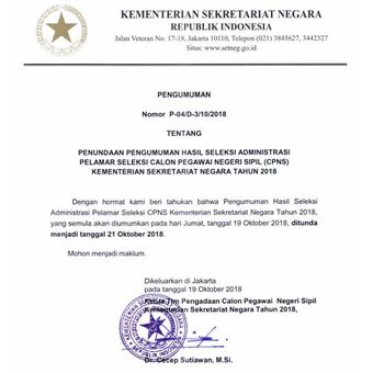 Surat pengumuman Kementerian Sekretariat Negara mengenai penundaan pengumuman seleksi administrasi

