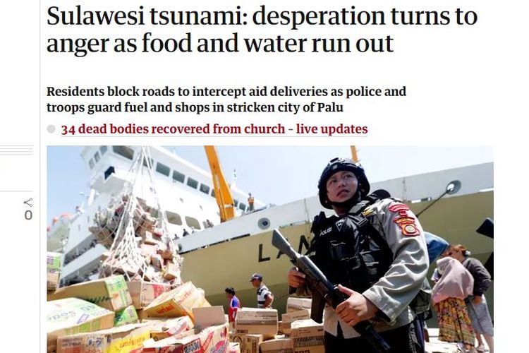 Berita tentang tsunami Palu di media internasional, The Guardian.