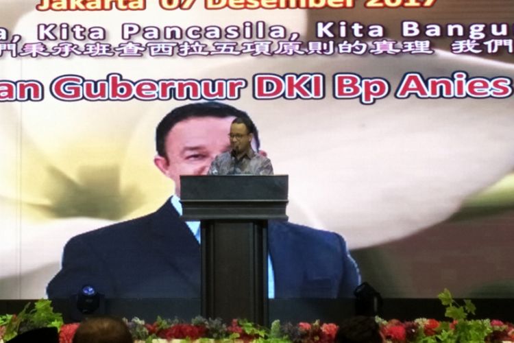 Gubernur DKI Jakarta Anies Baswedan saat menghadiri Hut XIX Paguyuban Sosial Marga Tionghoa Indonesia (PSMTI) yang digelar di Mangga Dua Square, Jakarta Utara, Kamis (7/12/2017).