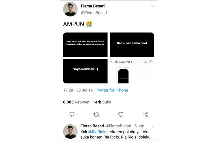 Tangkapan layar twitter Fiersa Besari yang berisi parodi pamit-kembali.