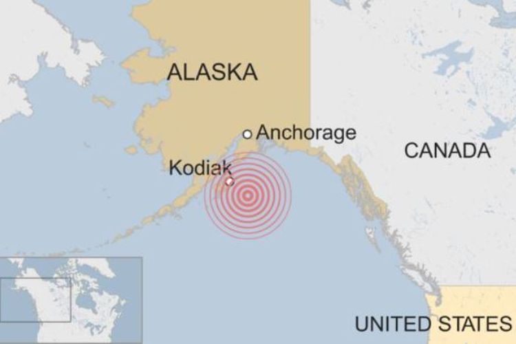 Peta ini menunjukkan pusat gempa yang terjadi di Alaska dan berpotensi menimbulkan tsunami.