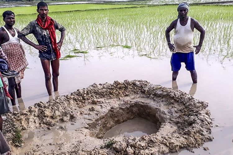 Warga berdiri di sekeliling lubang di sawah yang diakibatkan sebuah benda batu berukuran bola sepak yang diduga meteorit, di negara bagian Bihar, India timur.