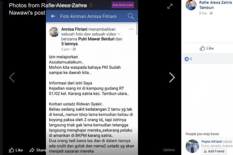 Beredar kabar di grup Facebook mengenai ustaz yang didatangi dua orang tak dikenal. Kabar tersebut kemudian diklarifikasi Kapolsek Tambun Kompol Rahmat Sudjatmiko bahwa tidak benar ada penyerangan atau teror terhadap ustaz. 