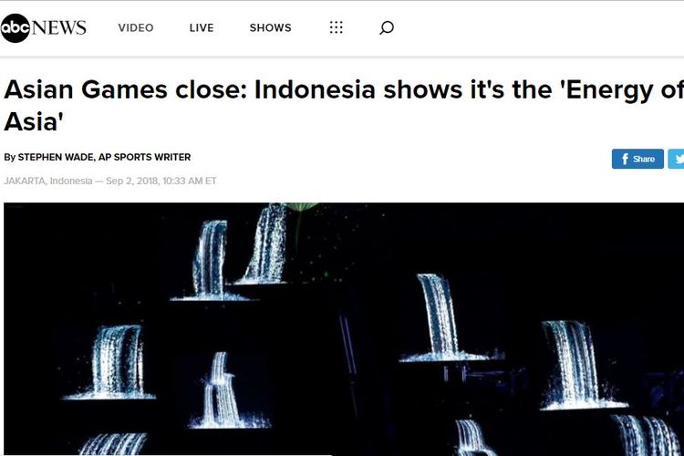 Media Australia, ABC News puji Penyelenggaraan Asian Games di Indonesia melalui unggahannya di tanggal 2 September 2018.