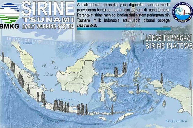 Peta sebaran sirine tsunami yang dipasang di 18 Provinsi di Indonesia. Daerah yang telah dipasang alat ini daerah yang pernah mengalami bencana gempa bumi dan tsunami. Kompas.com